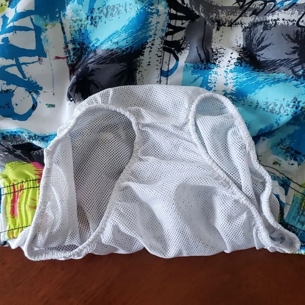 Cherokee Boys Swim Trunks 8/10 Blue Neon Graphic Board Shorts Lined Drawstring
